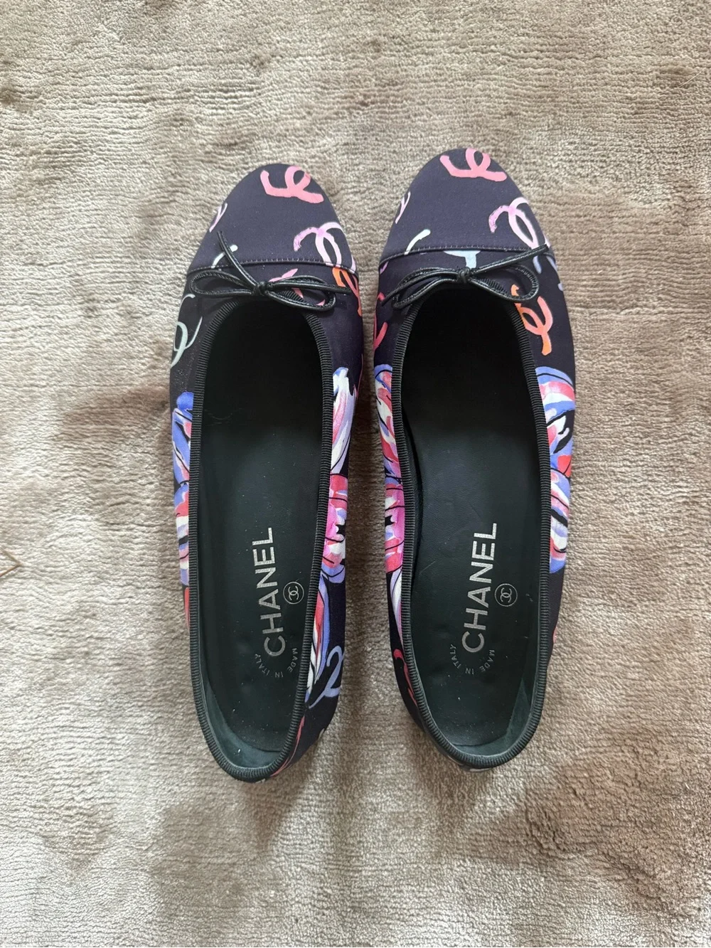 CHANEL Rare Black Floral Ballet Flats with Pink Accents